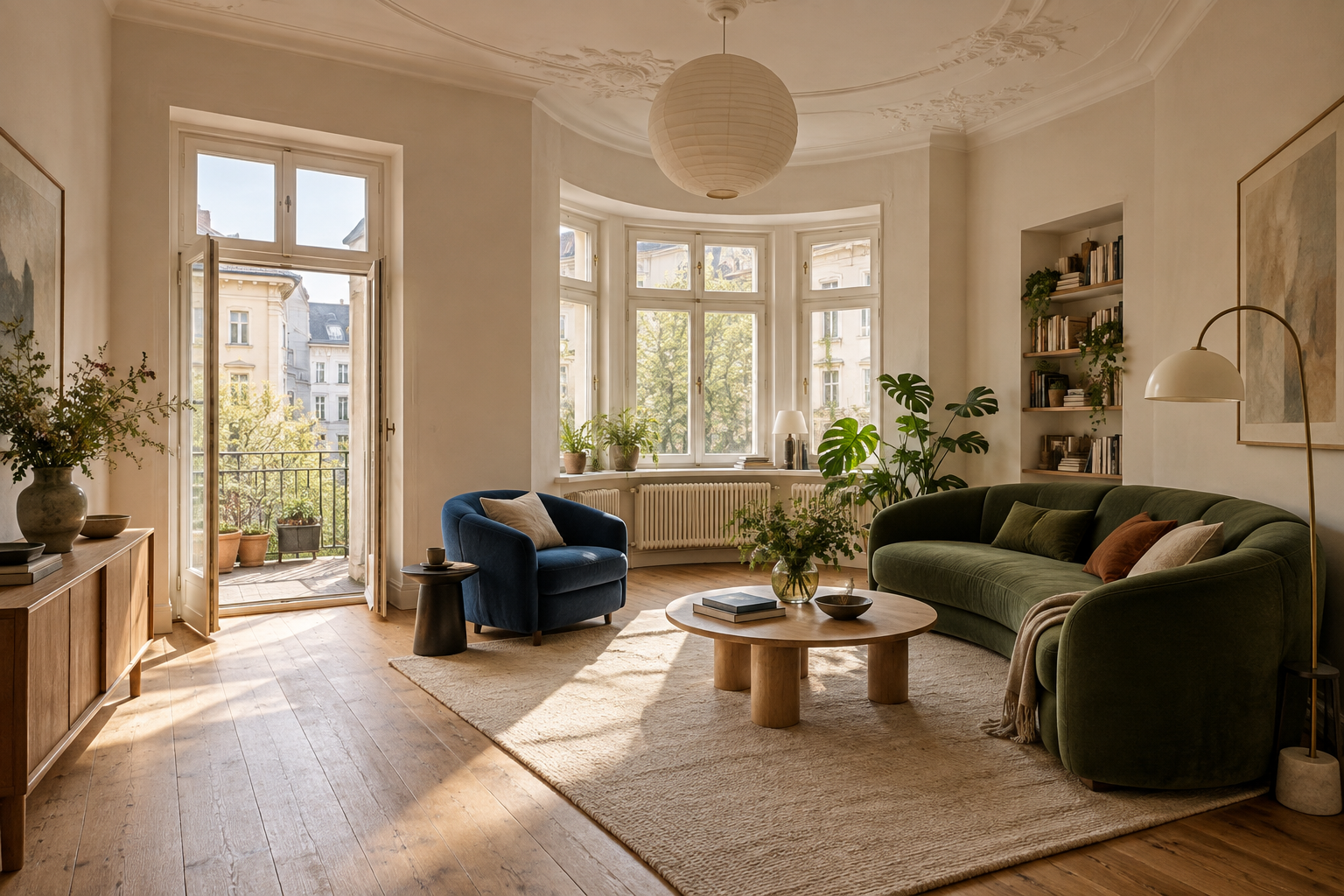 Heller Wohnraum mit gerundetem Fensterbereich, grüner Sofalandschaft und blauem Sessel